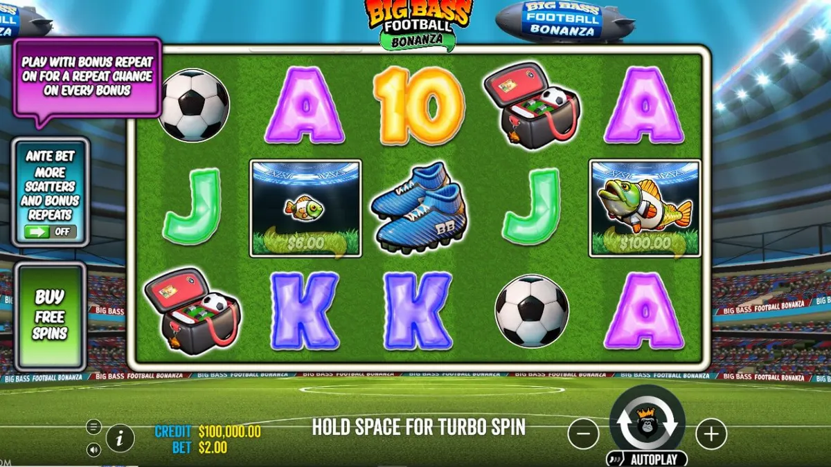 Interface do jogo Big Bass Football Bonanza em um estádio de futebol